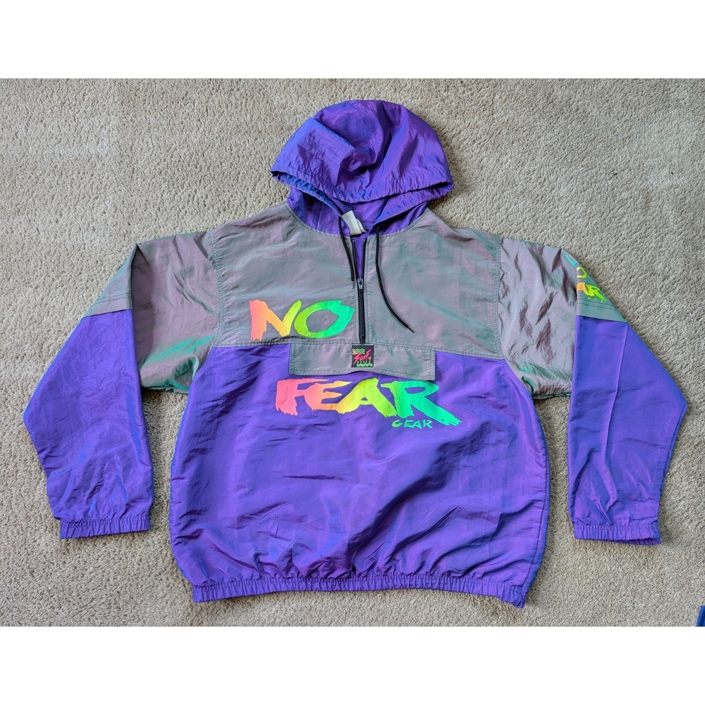 Vintage Surf Style No Fear Jacket One Size Purple 1/4‎ Zip Hooded Windbreaker